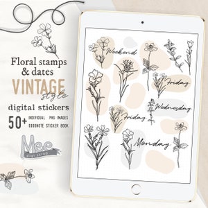 May include: A digital sticker set featuring vintage style floral illustrations and handwritten text for days of the week, including "Weekend", "Monday", "Tuesday", "Wednesday", "Thursday", "Friday", and "Saturday".