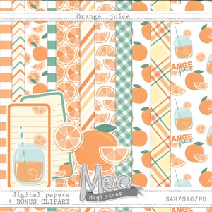 Papeles digitales de Orange Juice, papeles digitales de naranja de verano, papel de scrapbooking, clip art de jugo de naranja, fruta naranja.mint, patrones imprimibles