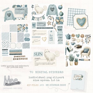 May include: A set of 70 digital stickers featuring a cosy winter theme. The stickers include illustrations of cats, hearts, books, plants, and a cosy armchair. The stickers are perfect for adding a touch of warmth and personality to your planner, journal, or scrapbook.