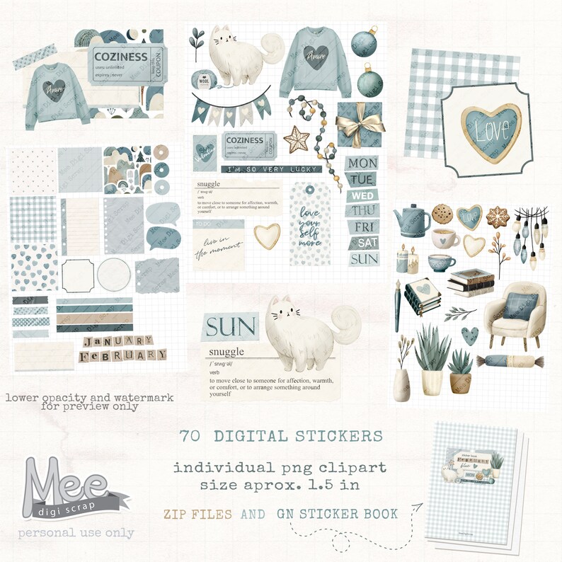 May include: A set of 70 digital stickers featuring a cosy winter theme. The stickers include illustrations of cats, hearts, books, plants, and a cosy armchair. The stickers are perfect for adding a touch of warmth and personality to your planner, journal, or scrapbook.