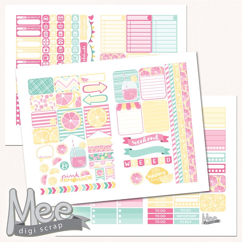 Pink Lemonade planner stickers printable,Summer planner stickers,EClp weekly kit,instant download,planner printable,cut lines file image 2