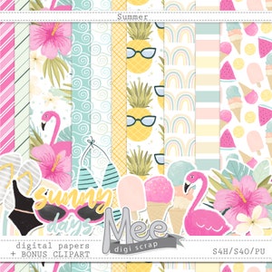 Könnte beinhalten: Ein Set mit 10 digitalen Papieren mit einem Sommerthema mit Illustrationen von Ananas, Flamingos, Eisbechern, Wassermelonen und Hibiskusblüten. Die Papiere sind in verschiedenen Farben, darunter Pink, Blau, Gelb und Grün. Der Text "sunny days" und "Mee digi scrap" ist ebenfalls im Bild enthalten.