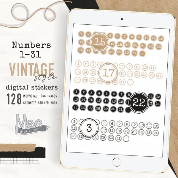 Digital planner stickers numbers 1 - 31 , Vintage style craft paper,for use with digital planner/journal on your tablet or iPad