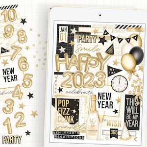 Autocollants pour agenda numérique Fête du Nouvel An, autocollant de fête doré, ballons numérotés en feuille d'or, autocollants bonne année, bonnes notes png thumbnail