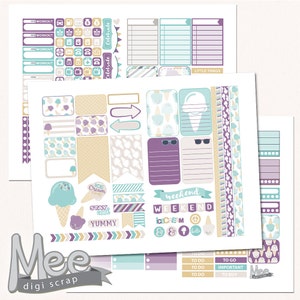 May include: A set of printable planner stickers featuring an ice cream theme. The stickers are in shades of purple, blue, yellow, and white. The stickers include ice cream cones, ice cream scoops, and the words "Ice Cream", "Stay Cool", and "Yummy".