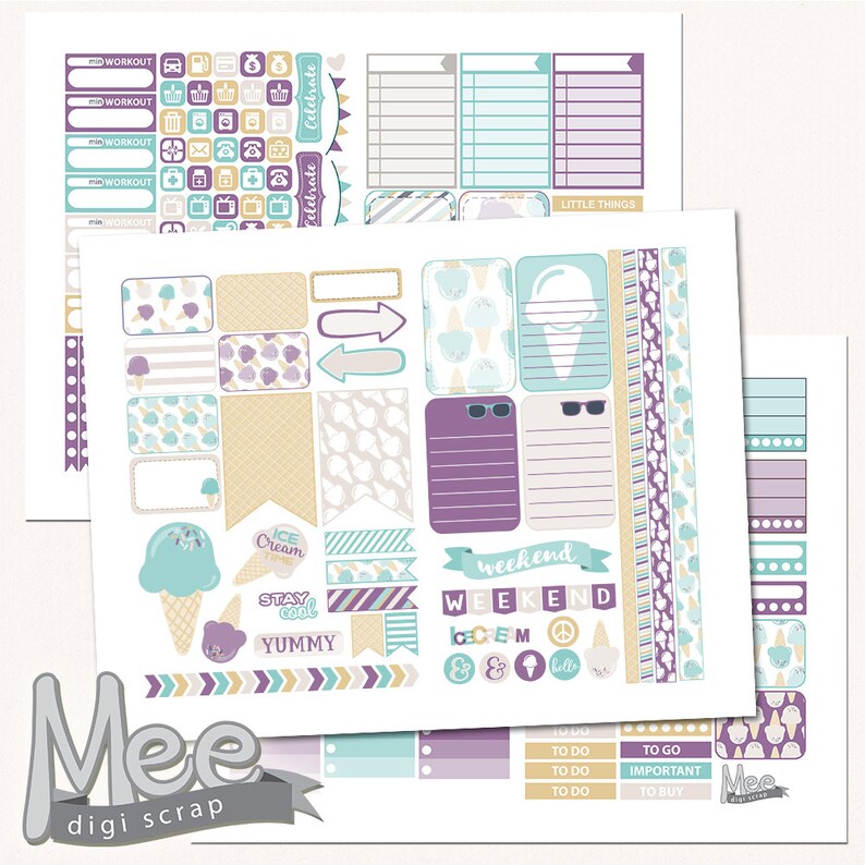 May include: A set of printable planner stickers featuring an ice cream theme. The stickers are in shades of purple, blue, yellow, and white. The stickers include ice cream cones, ice cream scoops, and the words "Ice Cream", "Stay Cool", and "Yummy".