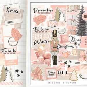 Autocollants de Noël roses à utiliser avec un agenda/journal numérique sur votre tablette ou votre iPad, mood board, autocollants de journal, collage esthétique bujo