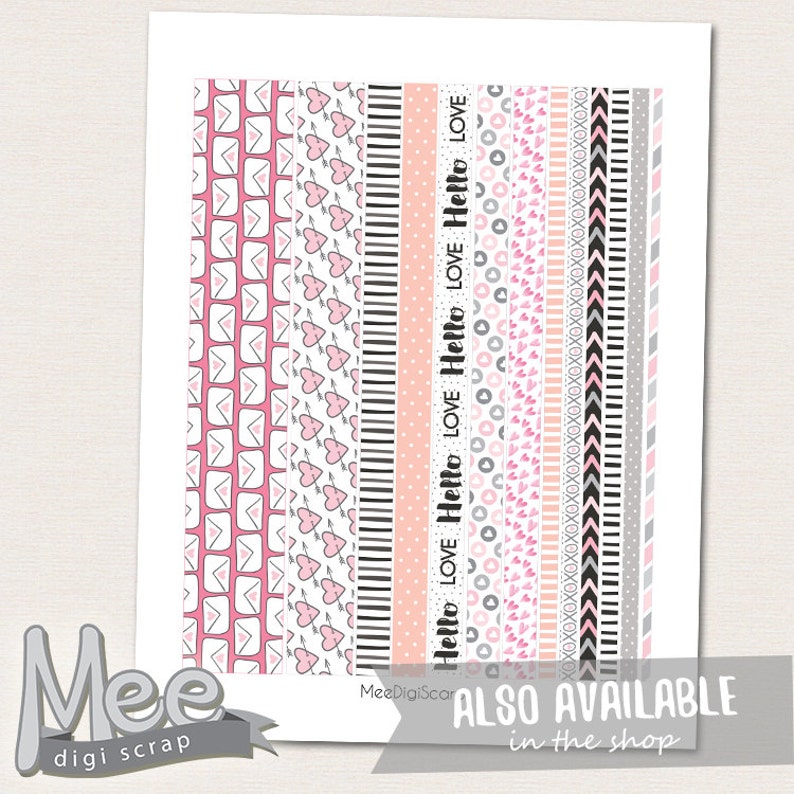 Nastro washi stampabile, nastro washi di San Valentino, febbraio, strisce washi planner, nastro adesivo amore, adesivi planner stampabili, adesivo mensile immagine 5