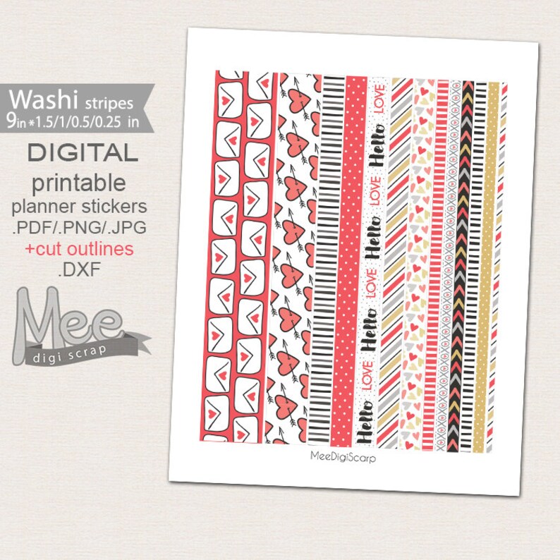 Nastro washi stampabile, nastro washi di San Valentino, febbraio, strisce washi planner, nastro adesivo amore, adesivi planner stampabili, adesivo mensile immagine 2