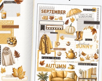 Sunny Fall Digital Stickers: Autumn Planner, Journal (PNG)