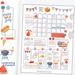 Juli 4 Digitale Aufkleber für Goodnotes & Noteful | Unabhängigkeitstag Planer Kit | Rot, Weiß, Blau PNG Clipart | Juli Bullet Journal
