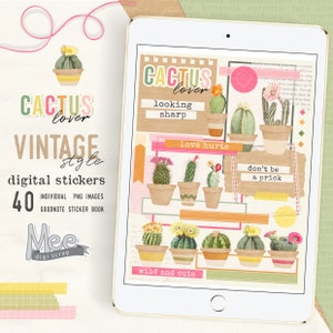 Pegatinas para planificador digital con diseño de cactus, elementos de diario basura de estilo vintage para usar con un planificador/diario digital en su tableta o iPad