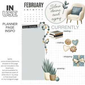 May include: A planner page inspiration image with a February calendar, a "this month" sticker, and a list of activities to do, including reading, making, shopping, and growing. The image also includes a cosy armchair, a potted plant, and a string of beads.
