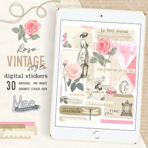 Digitales Stickerbuch vintage style pink rose für die Verwendung mit dem digitalen Planer/Journal auf dem Tablet oder iPad, französische Rose Sticker, vintage, Handwerk