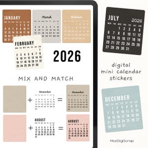 May include: Digital mini calendar stickers for 2026, featuring monthly calendars in various colors. Includes January, February, March, October, July, and December. The design includes a "Mix and Match" concept.