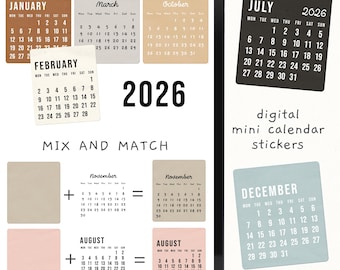 2026 Mini Calendar Stickers | Neutral Digital Planner (PNG, GoodNotes)