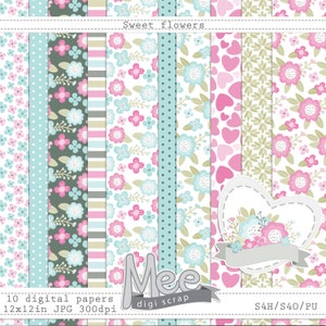 Papéis digitais de flores doces e clipart bônus, papel digital do dia das mães, papéis digitais de primavera, pacote de papel digital para bebês, papel para álbum de recortes
