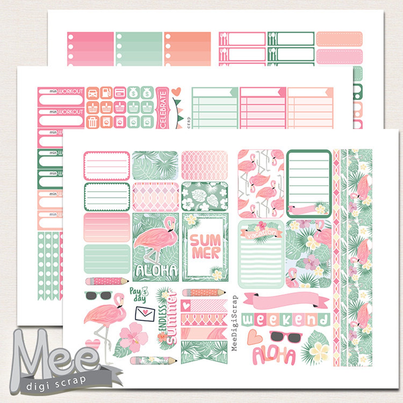 various summer-themed planner stickers