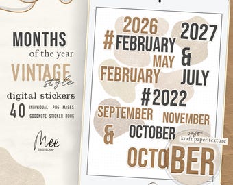 Stickers agenda numérique vintage neutre, mois Stickers pour GoodNotes, 2026 2027 2028 éléments de journal PNG