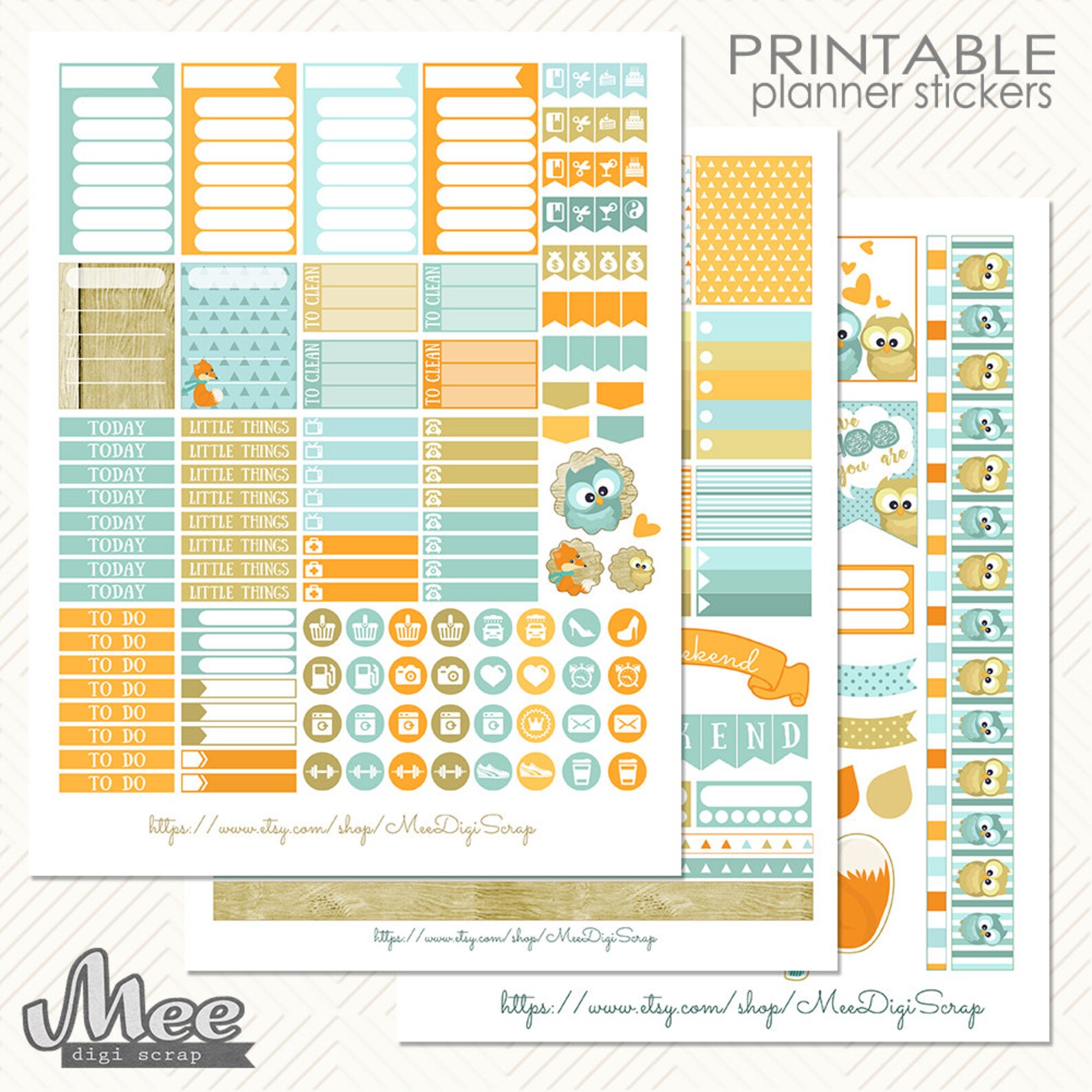Printable Planner Stickers.ec Planner Kitfox and Owls Etsy