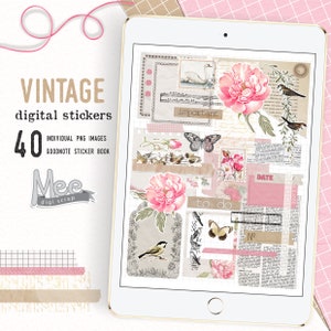Pegatinas digitales con motivos florales, pegatinas para planificadores digitales, pegatinas digitales con motivos florales rosas, estética vintage, archivos PNG para planificadores de tabletas