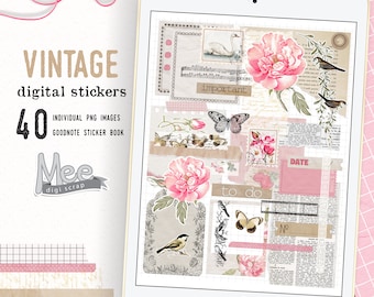Floral Junk Journal Stickers, Pink Vintage PNG Clipart (Digital Download)