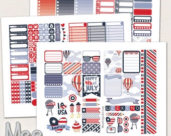 4th of July printable sticker kit for use with Erin Condren planner DIY planner sticker weekly  set planner printable Independence day pdf