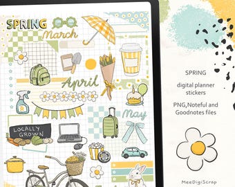 Spring Digital Planner Stickers, Daisy Sticker Book, GoodNotes Stickers, PNG Clipart, Noteful, Scrapbook planner iPad