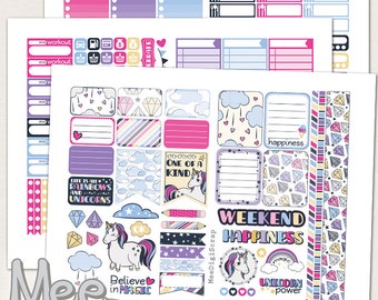May include: A set of printable unicorn-themed planner stickers with colorful designs and text like "Weekend Happiness", "Believe in Magic", and "Unicorn Power".