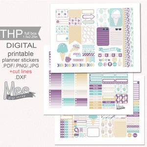 May include: A set of digital planner stickers featuring an ice cream cone theme. The stickers are in shades of purple, teal, and yellow with white polka dots. The stickers include a variety of shapes and sizes, including ice cream cones, scoops of ice cream, and text boxes. The text on the stickers includes "Stay cool", "Yummy", "Weekend", "W.E.E.K.E.N.D", "To Do", "To Go", "Important", "To Buy", "Little Things", "Today", "Things", "Love", and "Mee digi scrap".