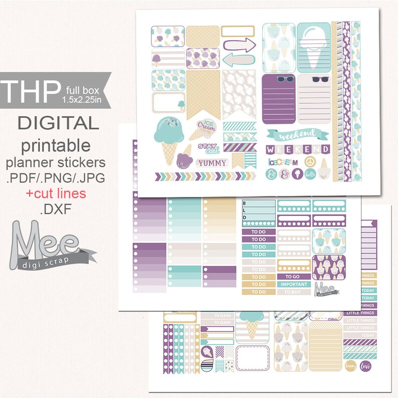 May include: A set of digital planner stickers featuring an ice cream cone theme. The stickers are in shades of purple, teal, and yellow with white polka dots. The stickers include a variety of shapes and sizes, including ice cream cones, scoops of ice cream, and text boxes. The text on the stickers includes "Stay cool", "Yummy", "Weekend", "W.E.E.K.E.N.D", "To Do", "To Go", "Important", "To Buy", "Little Things", "Today", "Things", "Love", and "Mee digi scrap".