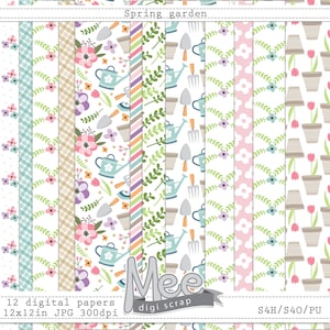 Frühlingsgarten digitale Papiere, digitale Papierpackung, digitales Papier floral, Scrapbook Papier, pastell Blumen, rosa Tulpe, direkter Download