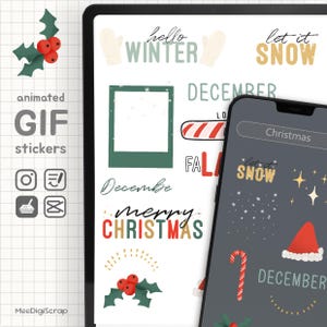 May include: Digital stickers with a winter and Christmas theme. The image features text like "hello WINTER", "let it SNOW", and "merry CHRISTMAS". There are also illustrations of mittens, holly, and a candy cane. The stickers are displayed on a tablet and a phone.