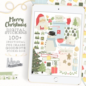 May include: A digital sticker book with over 100 Christmas-themed stickers. The stickers include Santa Claus, a snowman, Christmas trees, presents, and more. The stickers are perfect for adding a festive touch to your planner, journal, or other paper goods.