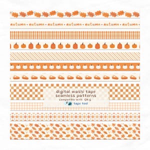 May include: A selection of digital washi tape seamless patterns in orange and white. The designs feature autumn leaves, pumpkins, pie slices, and plaid patterns. The word "autumn" is repeated across the top. The text "digital washi tape seamless patterns" is also visible.