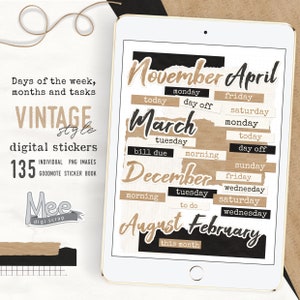 Adesivi vintage per planner digitali con giorni della settimana, mesi e attività da utilizzare con il planner/diario digitale sul tuo tablet o iPad