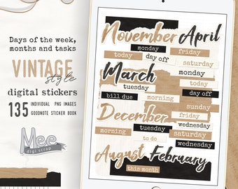 Stickers vintage pour agendas numériques : jours, mois, tâches (Goodnote)