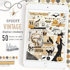 Könnte beinhalten: Ein digitaler Sticker-Set mit 50 einzelnen PNG-Bildern für das Goodnotes-Stickerbuch. Das Set hat ein Halloween-Thema mit Bildern von einem Spinnennetz, einem Schädel, einer Schlange, einer Hexe, einem Raben, einem Kürbis, einer Fledermaus, einem Pilz, einem Schlüssel und mehr. Die Sticker sind im Vintage-Stil mit einem Schwarz-Weiß-Farbschema gehalten.