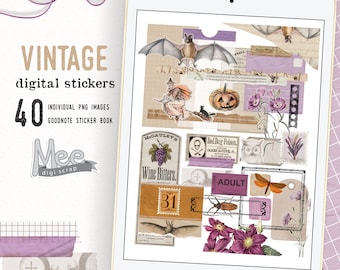 Vintage Halloween Digital Stickers: Purple Junk Journal, Goodnotes (PNG)