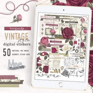 Autocollants de planificateur numérique rose bordeaux, autocollants de journal numérique de style vintage Saint-Valentin, digi bujo, éphémères de journal indésirable, album de planification