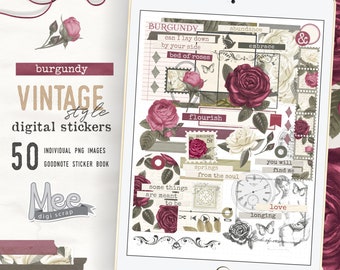 Burgundy Rose Digital Planner Stickers: Vintage Journal Ephemera (Digital Download)