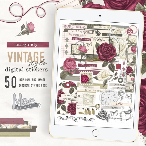 Burgundy rose digital planner stickers,Valentines Vintage style digital journal stickers,digi bujo,junk journal ephemera,planner scrapbook