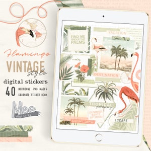 May include: A set of 40 digital stickers featuring pink flamingos, palm trees, and tropical vacation-themed text. The stickers are in a vintage style and are perfect for use in digital planners, notebooks, and other digital projects.