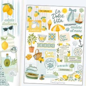 Digitale zomerstickers aquarel Amalfi, opmerkelijke stickerset, reisdagboekstickers, citroenstickers, goodnote kustdagboekkit