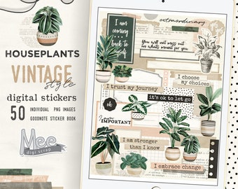 Houseplants Digital Stickers, Vintage Planner, GoodNotes (PNG)
