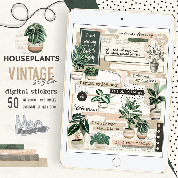 Houseplants digital stickers for use with digital planner/journal on your tablet or iPad,aesthetic journal, bujo,positive affirmations,quote