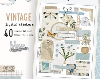 Vintage Blue Digital Planner Stickers: Junk Journal Embellishments (PNG, GoodNotes)
