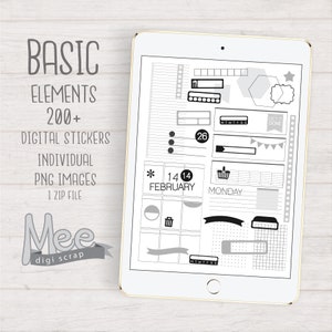 以下が含まれることがあります： 計画と整理のための白黒のステッカーが付いたデジタルプランナー。ステッカーには、カレンダー、進捗バー、星、六角形、バナー、ショッピングカート、ゴミ箱、メモ、箱、円、線、そして「Get it done」と「月曜日」と書かれたテキストが含まれています。