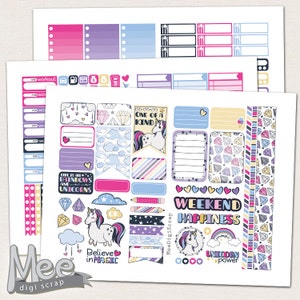 Printable planner stickers for Happy planner,Unicorn planner stickers weekly kit,Planner printable,Mambi Happy planner,full sticker set,pdf