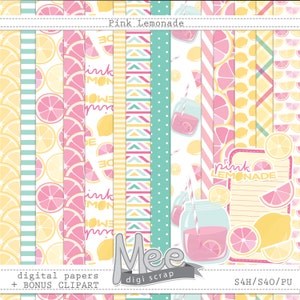 Papéis digitais Pink Lemonade + clipart bônus, papel digital para scrapbook, papel digital de verão, scrapbooking, clip art de limonada rosa, para impressão